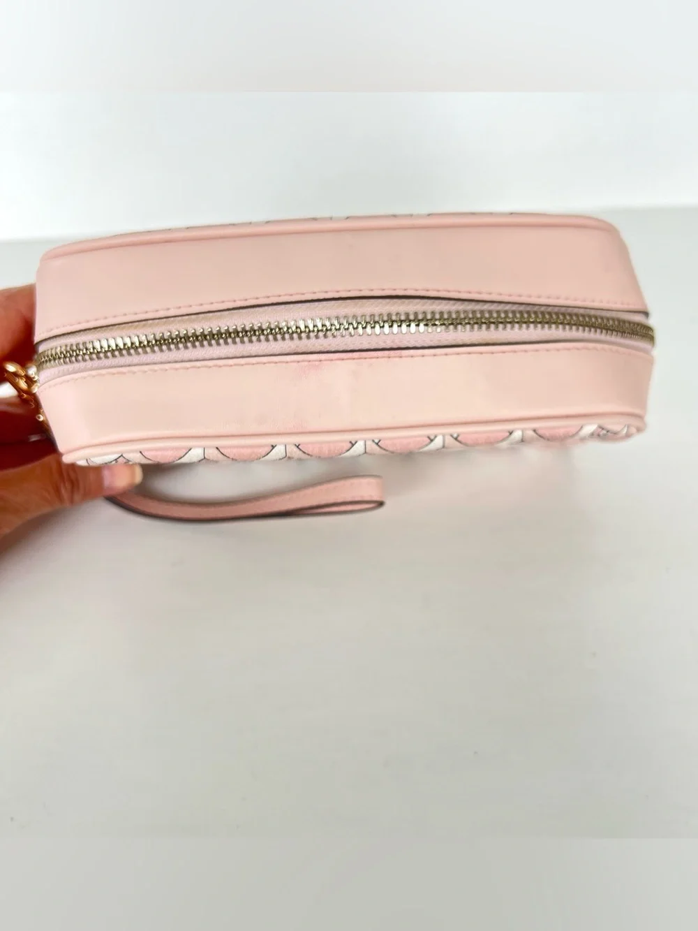 TORY BURCH Dusted Blush Geo Logo Allover Wristlet Essentials Pouch Makeup Bag